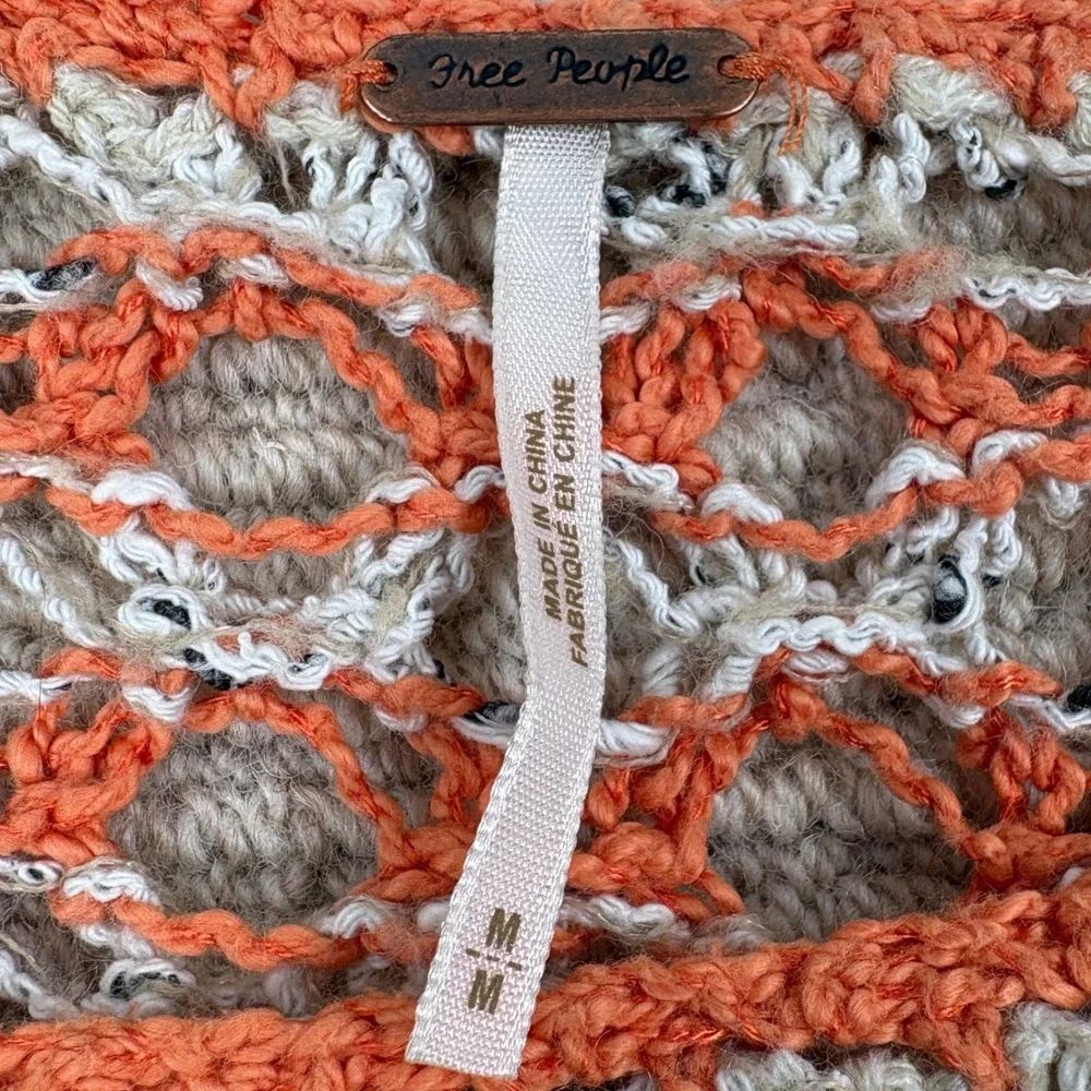 Free People Cropped Sweater Womens M Crochet Open Knit Orange Gray Striped Boho